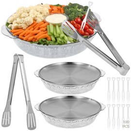 3-Pack Chilled Serving Tray for Parties 11.8" Round Ice Platter with Ice Underneath, 2 Stainless Steel Tongs & 100 Forks - Cold Appetizer Tray for Shrimp Cocktail, Fruit, Vegetable, Entertaining
