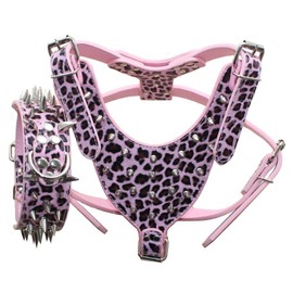 Haoyueer Leather Sharp Spiked Studded Medium & Large Dog Collars, Harnesses 2Pcs Matching Set for Pit Bull,Mastiff, Boxer, Bull Terrier(Pink Leopard,M)