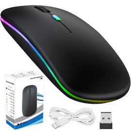 DQST Mouse Inalámbrico, 2.4G y Bluetooth Modo Dual Mouse Inalámbrico Recargable, Con Receptor USB, 3 DPI Ajustables, Clic Silencioso, Luz de Respiración de Retroiluminación Colorida. (Negro+Bluetooth)