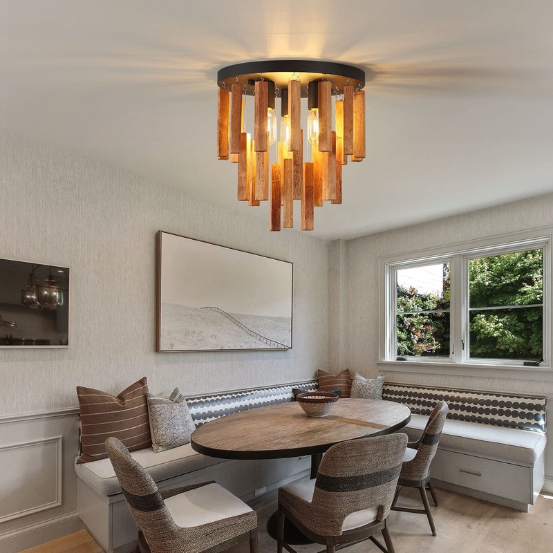 MOUJOE Wood Ceiling Light Fixture 3-Light Semi Flush Mount Light