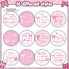 BeYumi Coquette Bows Christian Sticker - 500Pcs Pink Bows Bible Verse Stickers in 2 Rolls Waterproof Scripture Inspirational Decal Religious Faith Tags for Gift Laptop Bottle Scrapbook Envelope Decor