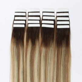 Lovrio Tape in Human Extensions Straight Hair, Walnut Brown Roots Color to Light Chestnut Brown with Bleach Blonde, Remy Tape in Extensions 50 Gram 20 Inch 20 Pieces