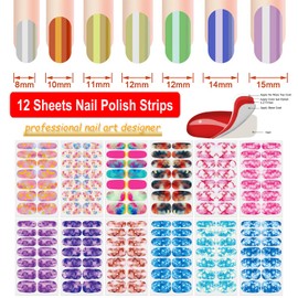 DANNEASY 12 Sheets Iridescent Nail Polish Stickers Full Nail Wraps for Women Colorful Marble Fingernails Wrap Self Adhesive Nail Polish Strips Gel Nail Strips with Nail File, Cuticle Stick