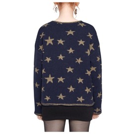 SOLY HUX Women's Star Print Cardigan Button Down Round Neck Long Sleeve Casual Sweater with Pockets Dark Blue Star Small