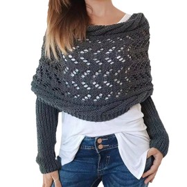 Scarf with Sleeves for Women, Knitted Cable Wrap, Multifunctional Crochet Shrug Sweater Wrap with Sleeves (Dark Grey)