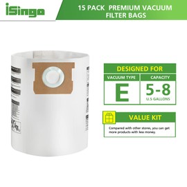 iSingo 15 Pack 90661, 9066100 Replacement Vacuum Filter Bags Type E for Shop Vac 5-8 Gallon Vacuum,Part # 90661 & 9066100
