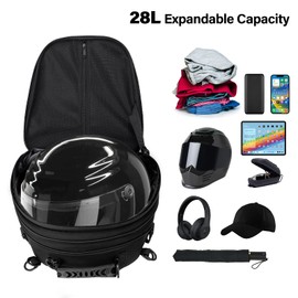 MOSISO Motorcycle Tail Bag, Motorcycle Backpack Helmet Bag with Expandable Capacity 20L-28L, Waterproof Motorbike Rear Seat Storage Luggage Tool Gear Carry Bag with Handle & Rain Cover, Black