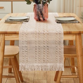 Boho Beige Table Runner for Small Tassels, Macrame Modern Burlap Rustic Farmhouse Coffee Dining Room Table Centerpiece Decor, Natural White Linen Cotton Table Runners for Wedding Party