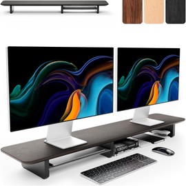 KIVY Dual Monitor Riser With Integrated Metal Shelf [MADE BY HAND] - Wooden Desk Shelf for 2 Monitors - Wide Long Stand for Desk (44 x10x3in - Black)
