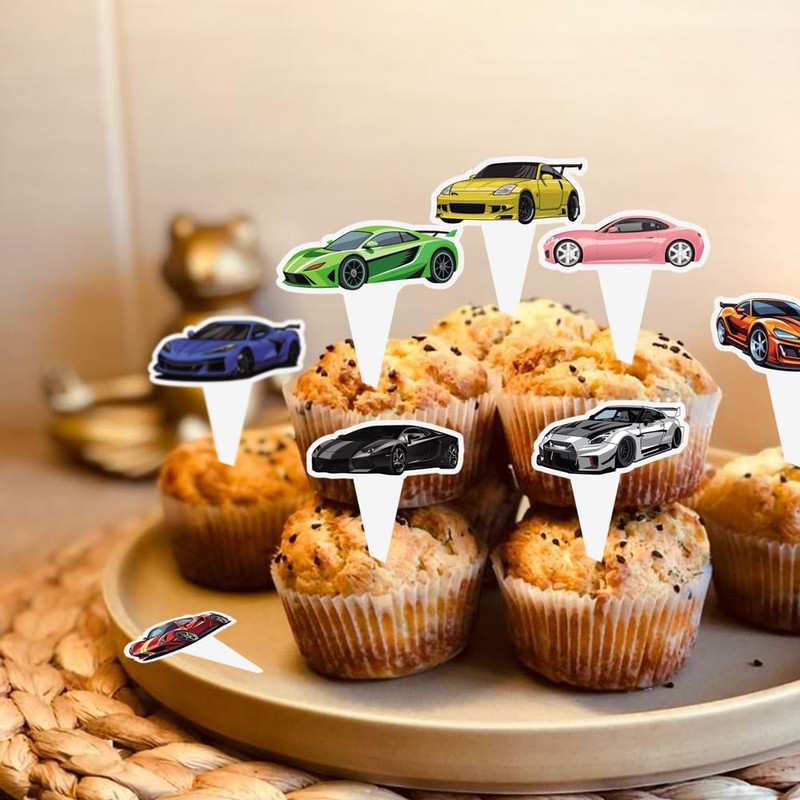 Lyosehy 48PCS Race Car Cupcake Toppers - 8 Designs, 6pcs