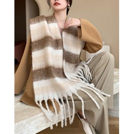 Wander Agio Winter Women Warm Scarf Long Shawl Large Scarves Cold Weather Thicker Blanket Wrap Colour Plaid Stripe Brown Beige 14