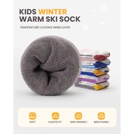 OutdoorMaster Kids Ski Socks, Over the Calf Design, Warm Thermal Snowboard Skating Socks for Boys & Girls(A -Gray+Blue Yellow,XS,2 PACK)
