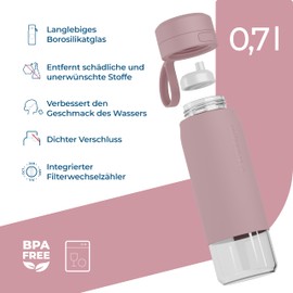 Wessper Actitex Disc Water Filter Water Bottle, 700 ml, Bottle with Filter, Reduces Chlorine, Filter Change Counter, BPA-Free Drinking Bottle - Pink