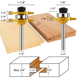 Helovmine Tongue and Groove Router Bit Tool Set with Adjustable 1/4 Inch Shank T Shape Wood Milling Finger Joint Router Bit - Woodworking Chisel for Solid Wood, Particleboard, MDF, Plywood- 3Pcs