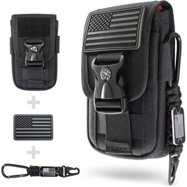 Tactical Molle Phone Pouch with Compass Buckle, Tactical Phone Holster Molle Cell Phone Pouch Universal Belt Waist Bag for IP 15/14/13 Pro Max / S22/S21 with Patch & Paracord Keyring Clip - Color: Black Color