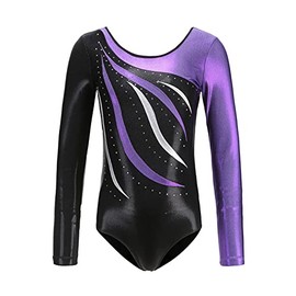 AFAVOM Gymnastics Leotards for Girls, Long Sleeve Leotards for Girls Shiny Sparkle Gymnastics Unitards Ballet Dance Outfit, Purple, 6-7 Years