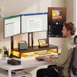 YAOHUOO Monitor Stand Arm with LED Light,Adjustable Desk Monitor Mount for 3 Screens, Heavy Duty Fully Stand Riser with Clamp, Storage Shelf for Office,Living Room