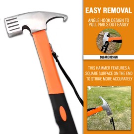 Xtremeauto Camping Hammer Heavy Duty - Tent Stake Remover with Hook, High Carbon Steel Tent Hammer Peg Puller Extractor Tool, Rubber Handle Tent Mallet with Holding Strap, Orange