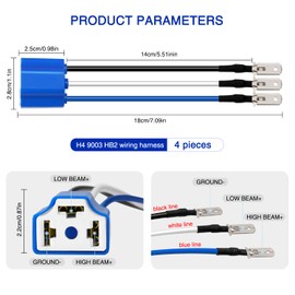 4 Pcs Ceramic H4 Socket VooGenzek H4 9003 HB2 Wiring Harness H4 to 3 Pin Adapter Headlight Connector for Headlight or Fog Light Blue