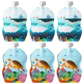 ChooMee Reusable Baby Food Storage Pouches | BPA Free Leakproof Toddler Squeeze Pouch for Smoothies, Purees & Baby Food | Refillable, Double Zipper, Easy Clean, Wide Bottom | 6CT, 8oz SeaLife
