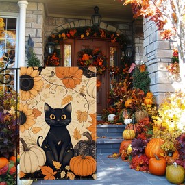 Fall Cat Pumpkin Garden Flag for Outside 12x18 Inch Double Sided Burlap Autumn Thanksgiving Maple Leaf Sunflower Flowers Farmhouse Holiday Rustic Outdoor Yard Flag Home Decorations