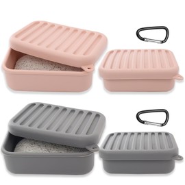 2PCs Silicone Travel Soap Case, Leak-Proof Bar Soap Container with Drain Tray, Portable Travel Soap Dish with Lid for Hiking, Gym, Camping, PortableToiletries Accessories (PinkGrey)