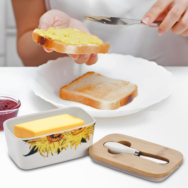 Large Butter Dish with Lid for Countertop,Sunflower Ceramic Covered Butter