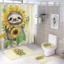 GTABVECT Cute Sloth Sunflowers 4 Pcs Bathroom Shower Curtain Set,Bathroom Sets with Rugs (Bath Mat,U Shape and Toilet Lid Cover Mat), Bathroom Decor Set