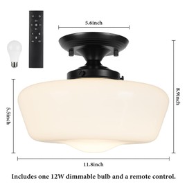Schoolhouse Style Semi Flush Mount Ceiling Light with Dimmable Bulb Remote Control, 12" Modern Gold Hallway Ceiling Lamp with Opal Milk Glass Shade, Farmhouse Globe Light for Bedroom Kitchen Laundry