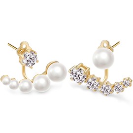 Asymmetrical Pearl Zirconia Earrings for Women - 925 Sterling Silver Ear Pin for Girls, Unusual Crystal Stud Earrings Under the Ear, with Pearls Gifts for Women