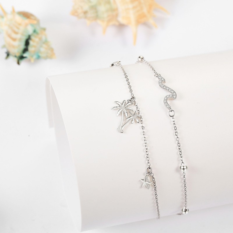Wave Anklet Sterling Silver Palm Tree Starfish Layered Ocean Beach