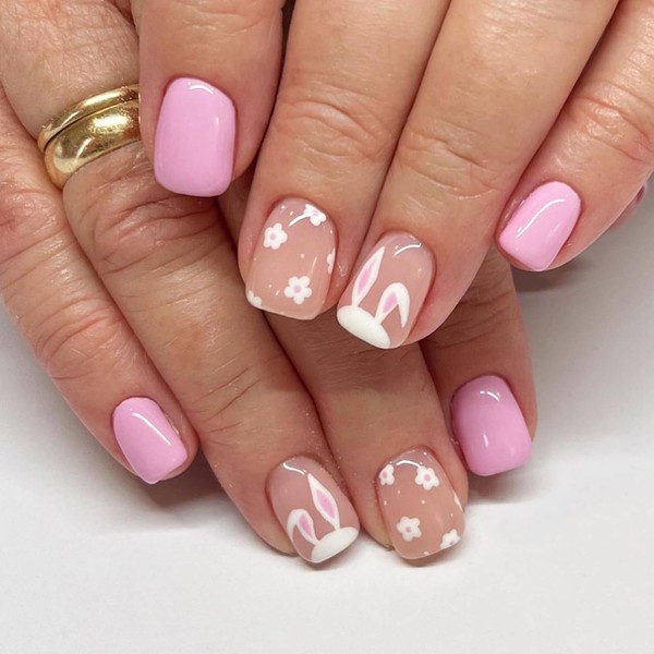Pink Press on Nails Easter Short Square Fake Nails Cute