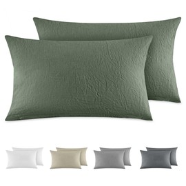 Dreamzie Cushion Cover 40 x 80 cm, Set of 2 - 100% Washed Cotton, Green, Oeko-Tex Certified Cushion Covers, Linen Look and Breathable Cushion Cover, Pillowcase with Zip