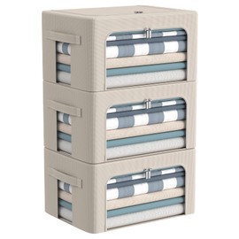 3Pack Frame Storage Box - Clothes Storage Bin Bags Oxford Fabric Foldable Stackable Container Organizer Set with Clear Window & Carry Handles Large Capacity (Beige, Small-22L)