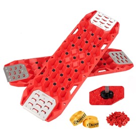 BUNKER INDUST Offroad Traction Boards with Jack Base,Pair 47.24" L x 14" W Recovery Tracks for 4x4 Vehicles Tire Traction Mat -Sand,Mud,Snow Ramps(Replaceable Teeth/Rugged Steel Plate) Red