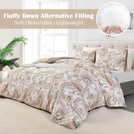 Nanko Paisley Comforter Set Queen Size 3 Pcs, Tan Taupe Classy Boho Damask Printed Pattern Soft Microfiber Alternative Duvet, Farmhouse Lightweight Bedding Sets Bed in a Bag for Women Men, 90 x90 inch