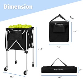 Sturdy Pickleball Tennis Ball Hopper - Foldable Lightweight Tennis Cart Holds 240 Tennis/180 Pickleballs with Removable Bag, Wheels, Side Pocket for Training/Teaching