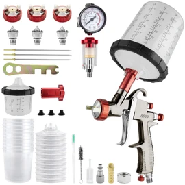 LVLP Automotive Paint Spray Gun R500 Kit, 1.3/1.5/1.7mm Nozzles LVLP Spray Gun with 650ml/200ml Mixing Cup & 10x Disposable Cups& Air Regulator Set, for House Painting, Car, Furniture, Fence