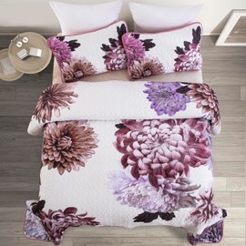 Dintszyayue Floral Quilt Set Queen Bedding Set, 3 Pieces Light Purple Lilac Flower Coverlet bedspreads, Lightweight Microfiber Reversible Bed Cover with 2 Pillow Shams for All Seasons 96"x90"