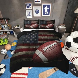 Erosebridal American Flag Bedding Set, Boys Football Comforter Set Full Soccer Sports Games Down Comforter United States Federations Stars Stripes Duvet Sets for Kids Teens Adult Bedroom Decor