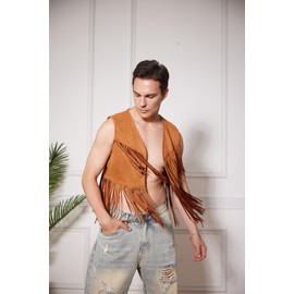 WDIRARA Men's Open Front Sleeveless Fringe Hem Party Club Jacket Vest Outerwear Brown Solid M