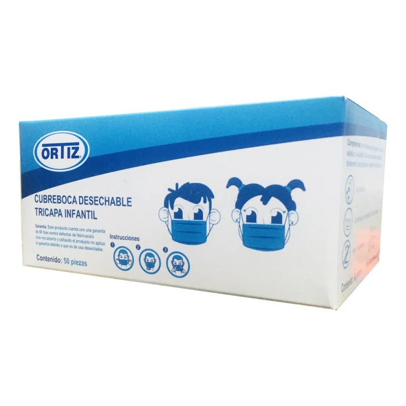 Cubrebocas Infantil Azul Caja Con 50 Ortiz (3-pack) Azul Liso