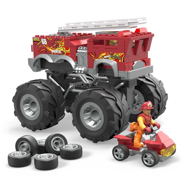 MEGA Hot Wheels Monster Truck Building Toy Playset, 5-Alarm Fire Truck With 284 Pieces And Giant Wheels, 1 Micro Action Figure, Red, Age 5+ Years