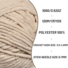 Plush Chenille Chunky Crochet Yarn - Baby Yarn for Crocheting Soft - Velvet Yarn Knitting for Blankets Crafts - Fluffy Amigurumi Yarn 100g / 131yd (Light Khaki)