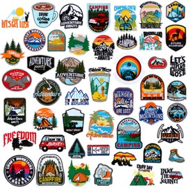 CraftyDream 48 Pcs Camping Theme Iron on Patches Adventure Outdoor Mountain River Backpacking Sew on Patches Embroidered Applique for Jeans Jackets Clothes Backpack Cap DIY Crafts (Adventure)