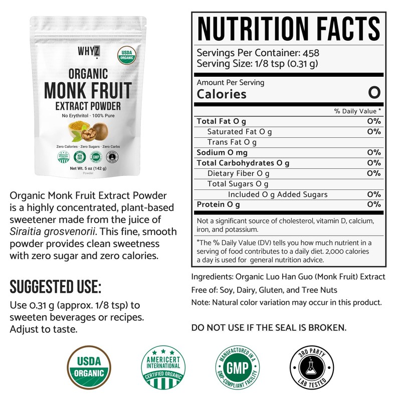 Organic Monk Fruit Extract, 5 oz, Pure Monk Fruit Sweetener