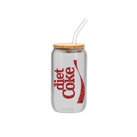 Silver Buffalo Coca-Cola Diet Coke Glitter Glass Jar Tumbler with Bamboo Lid and Plastic Straw, 16 Ounces