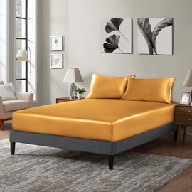 P Pothuiny Satin Fitted Sheet Twin XL Size, 1 Single Fitted Sheet Only, Extra Soft Deep Pocket Bottom Bed Sheets Mattress Cover Fits 12" to 16", Wrinkle Free, Fully Elasticized (Gold)