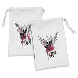 Ambesonne Skull Fabric Pouch Set of 2, Grunge Wings and Skulls with Signs Color Stains Background Punk Style Artwork, Small Drawstring Bag for Toiletries Masks and Favors, 9" x 6", Black Pink White