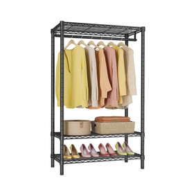 Heavy Duty Clothes Garment Racks Closet Organizer Portable Clothing Racks for Hanging Coat with Shelves Wardrobe Adjustable Freestanding Sturdy Metal Black Double Rods